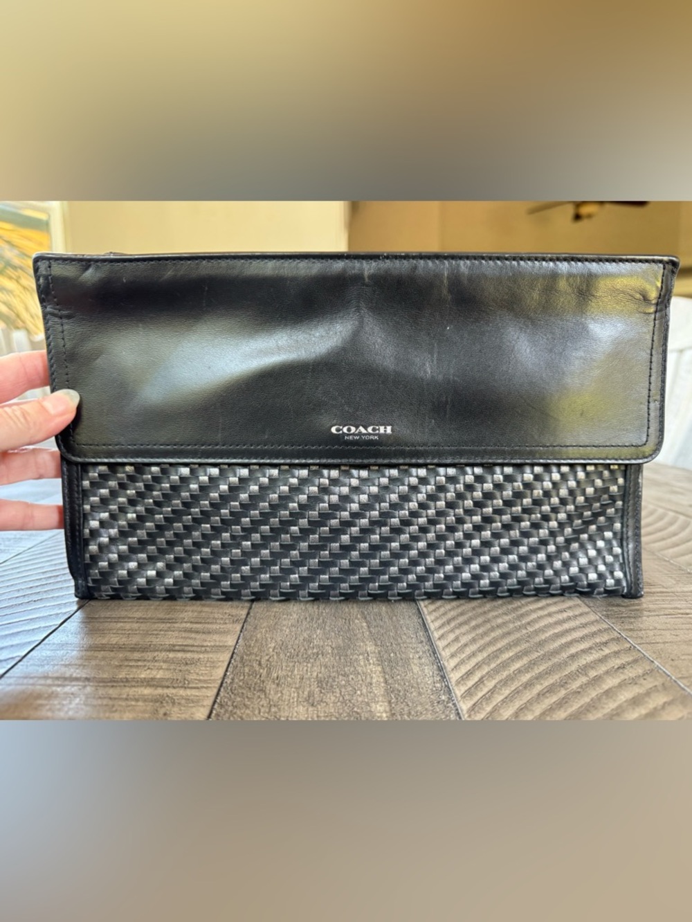 Coach Black Woven Leather Flap Clutch Handbag